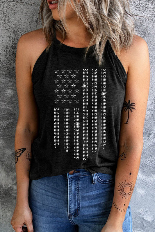 Shiny American Flag Printed O Neck Graphic Tank Top