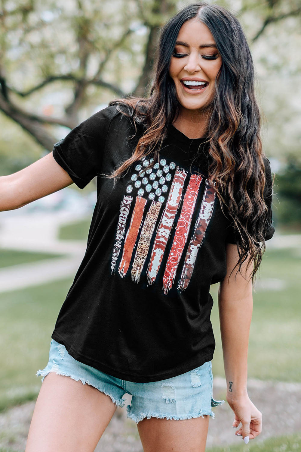 Western American Flag Print Short Sleeve Graphic Tee