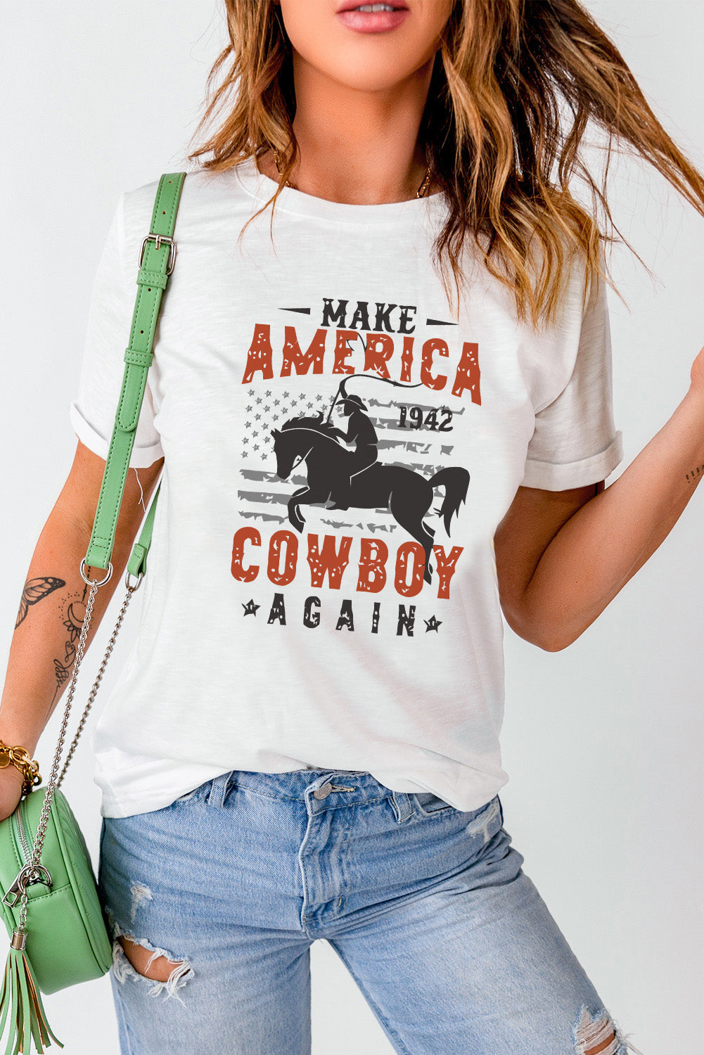 America Cowboy Graphic Print Crew Neck T Shirt