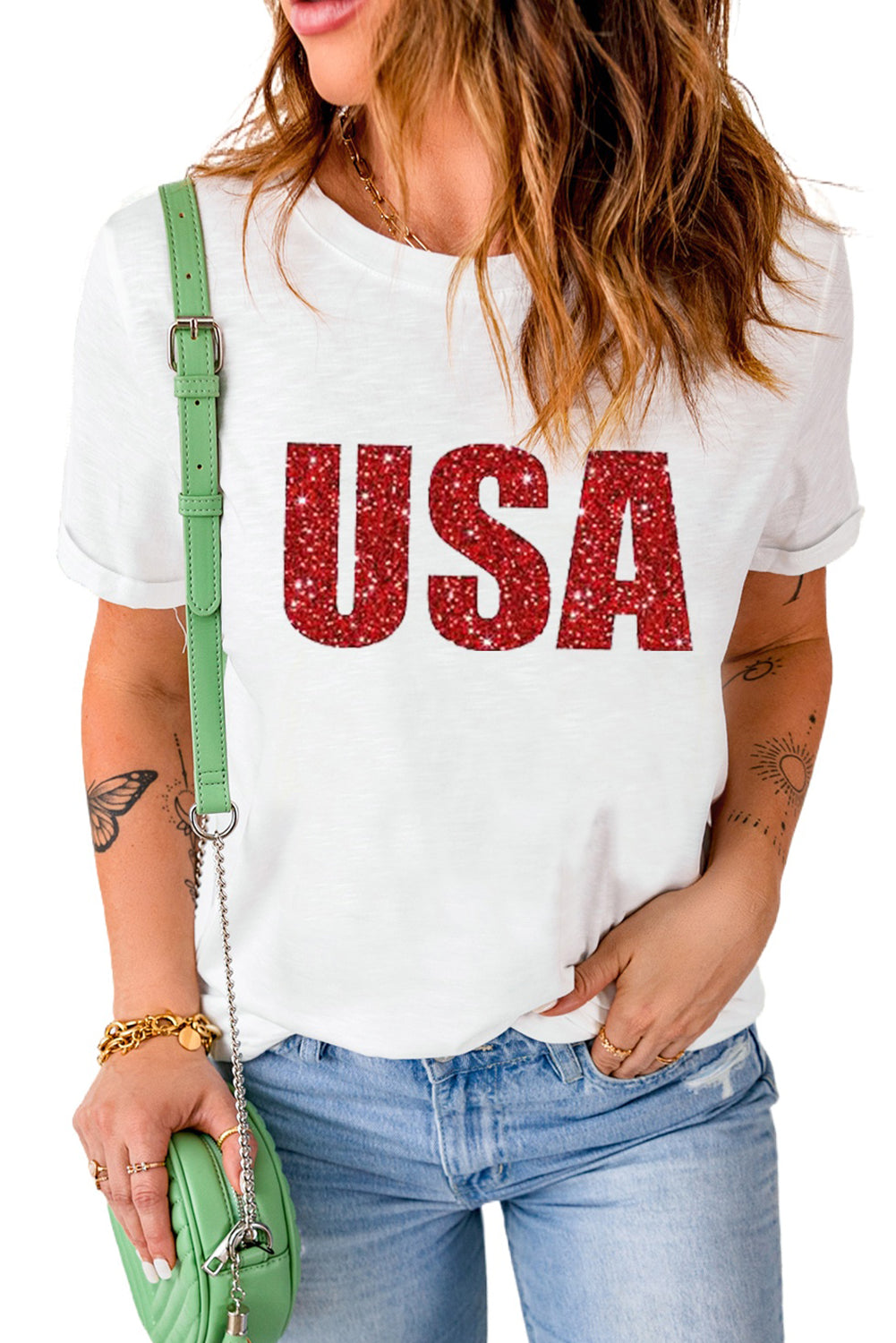 USA Glitter Pattern Print Short Sleeve T Shirt