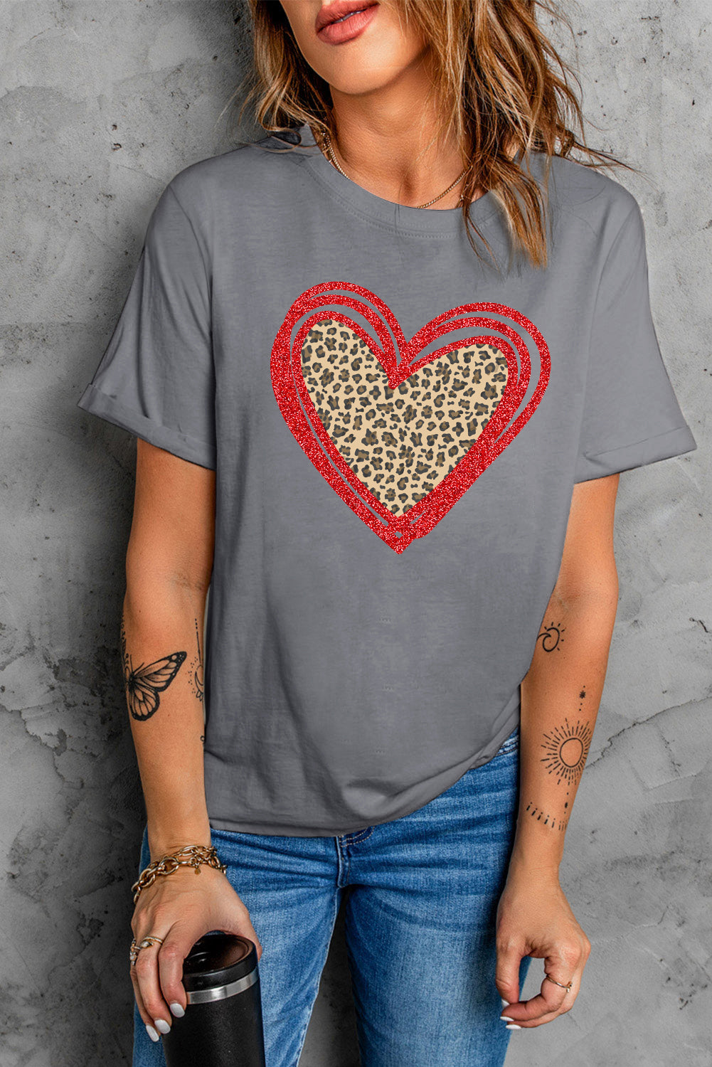 Sequin Leopard Heart Graphic T-shirt