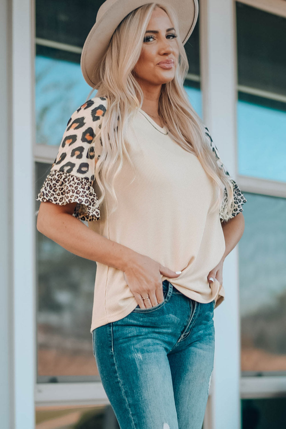 Mixed Leopard Ruffle Sleeve Waffle Knit Top