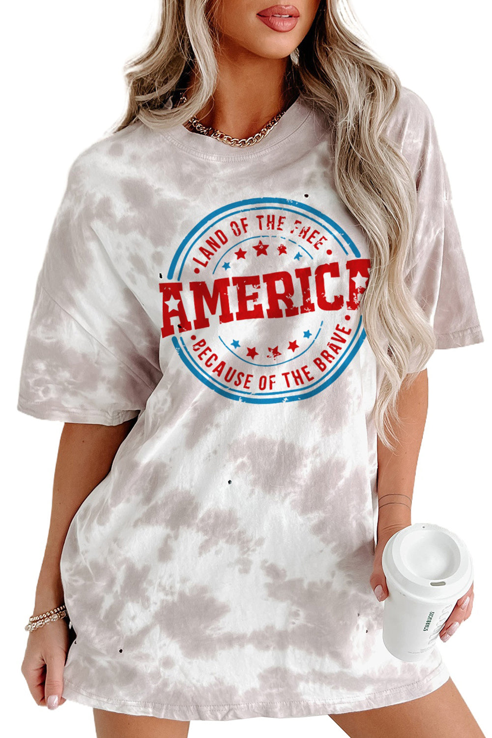 Oversized Tie-dye AMERICA Graphic T-shirt with Distressing