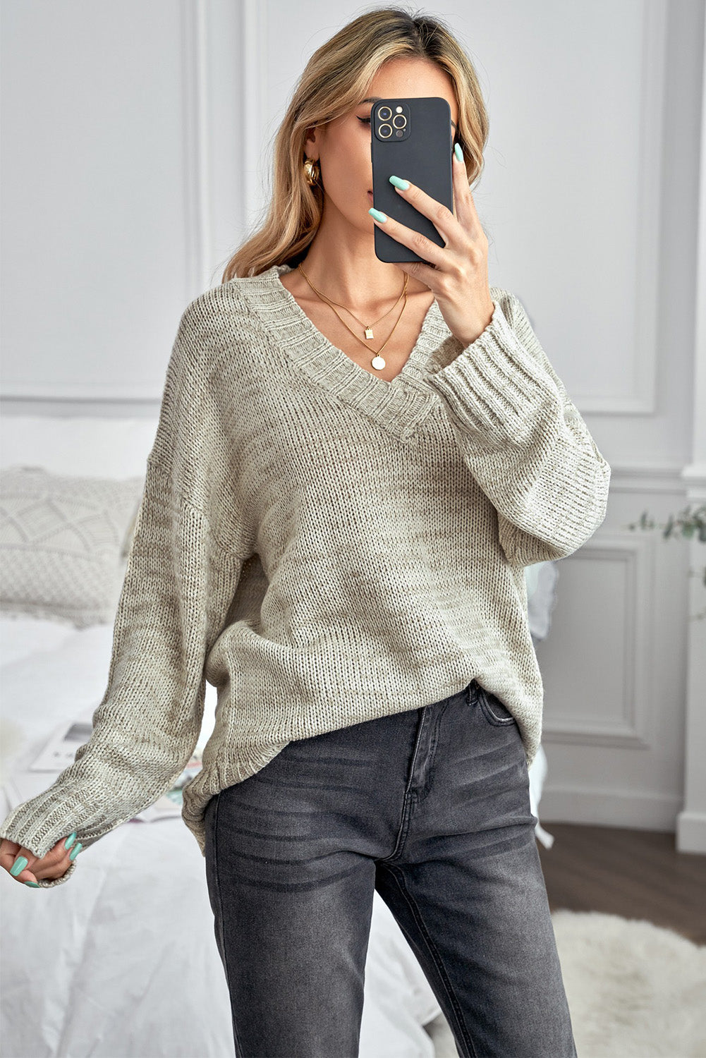 Khaki V neck Drop Shoulder Knitted Sweater