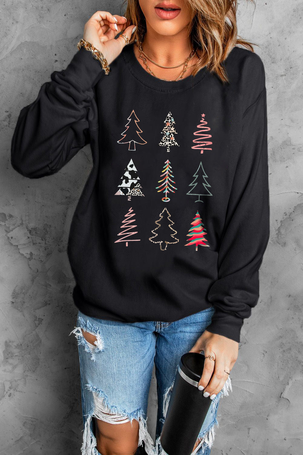 Christmas Tree Graphic Print Crew Neck Sweatshirt