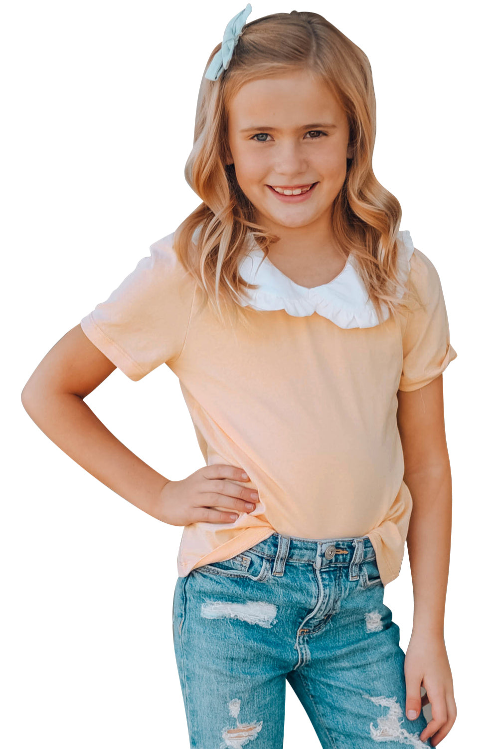 Orange Little Girl Peter Pan Collar Short Sleeve Top