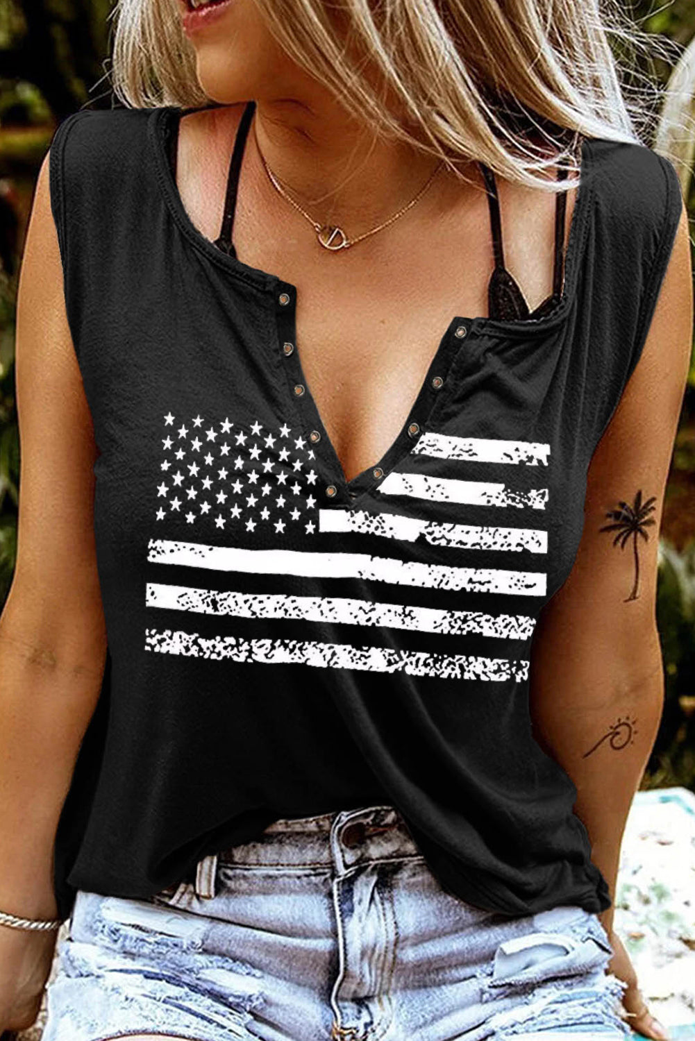 American Flag Print Split V Neck Sleeveless Top