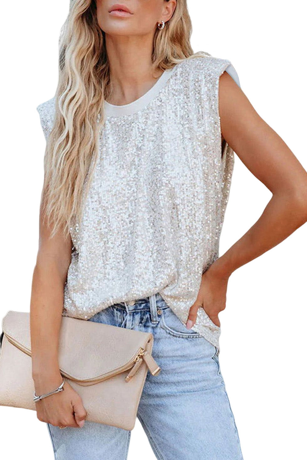 Apricot Sequin Round Neck Tank Top