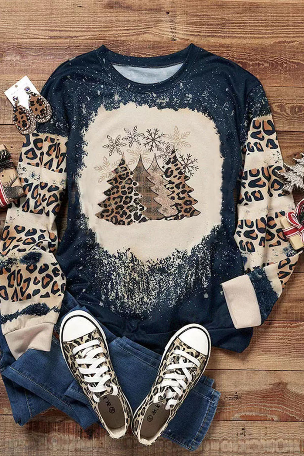 Christmas Tree Leopard Color Block Pullover Sweatshirt