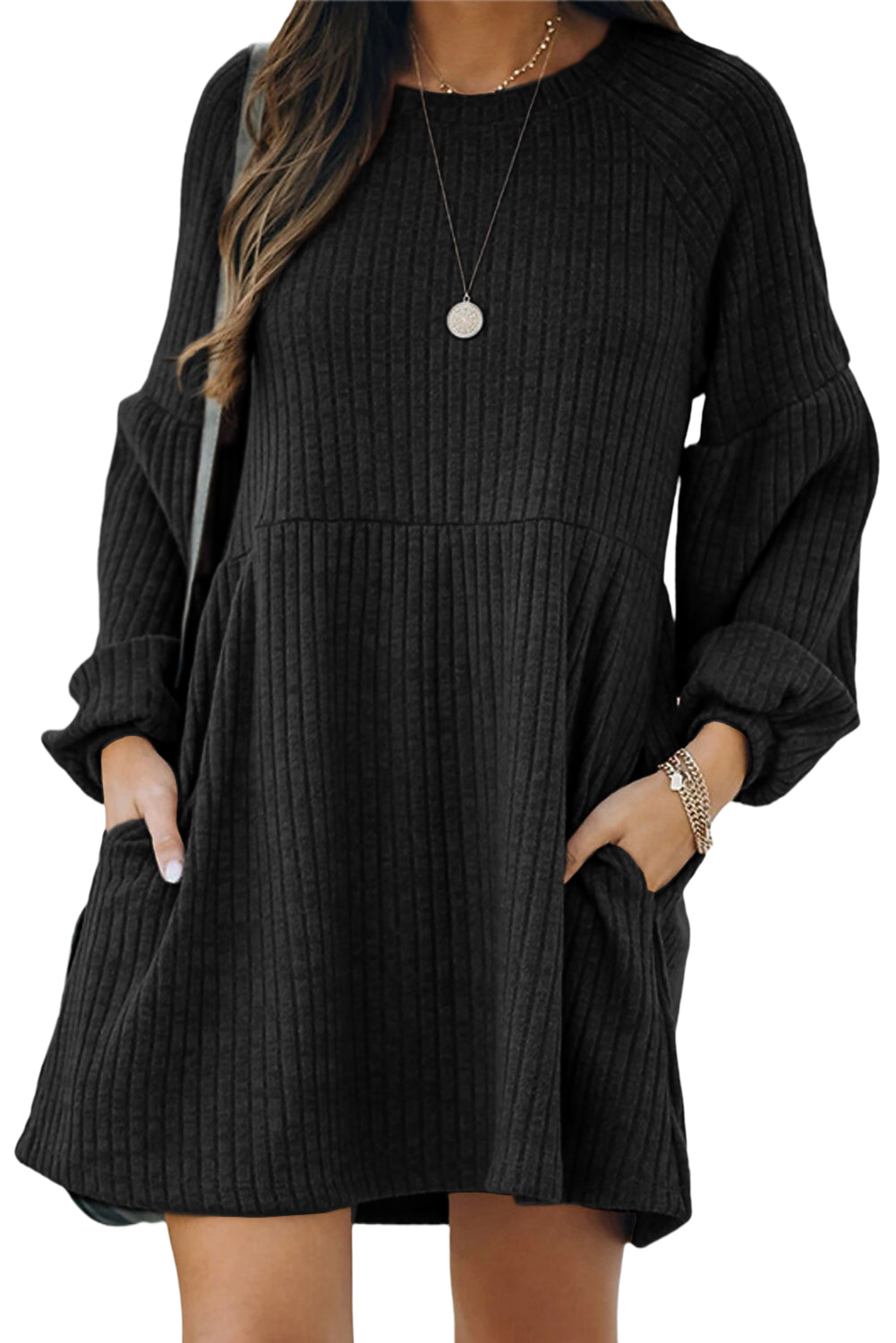 Black Round Neck Empire Waist Ribbed Knit Dress