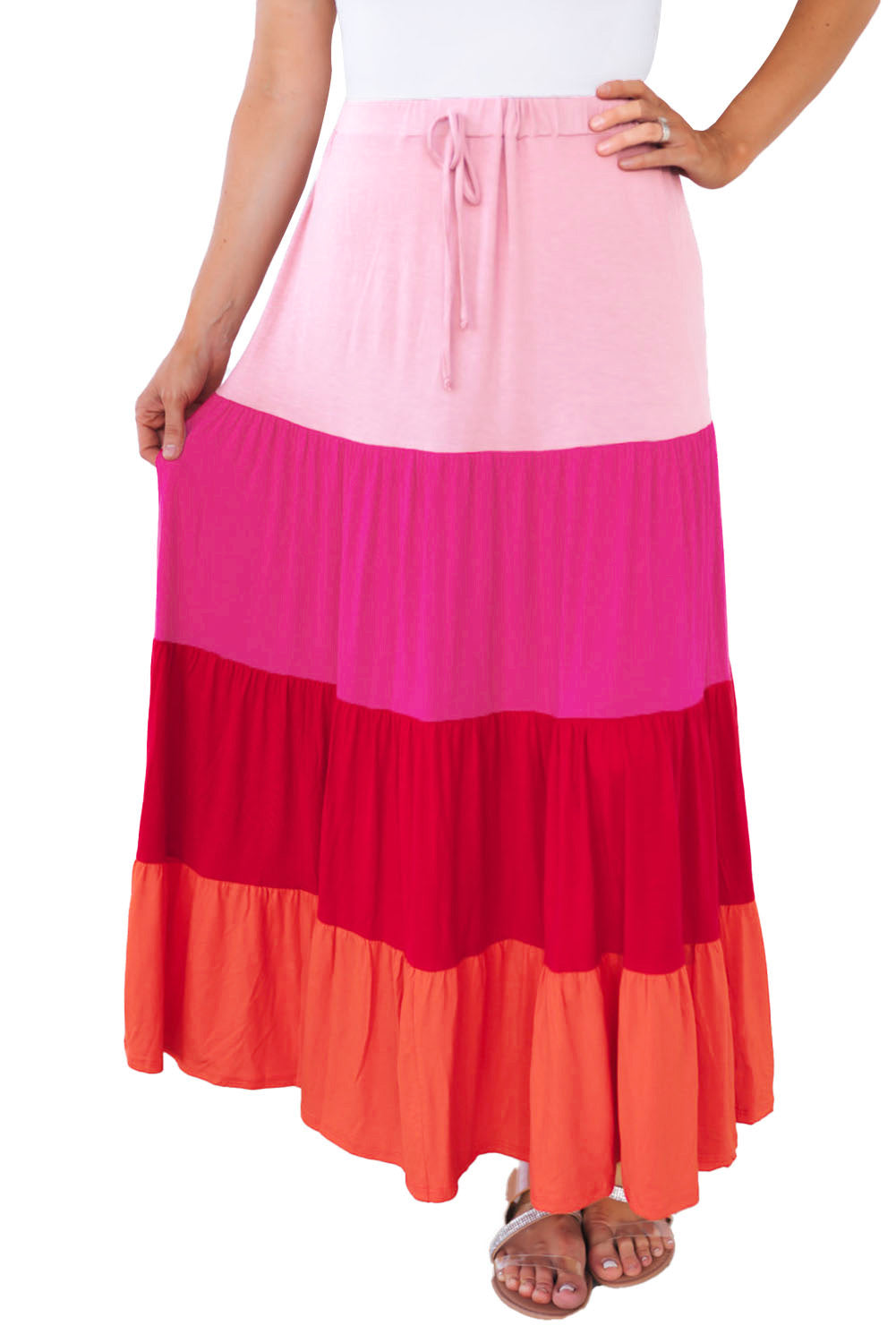 Color Block Tiered Drawstring High Waist Maxi Skirt