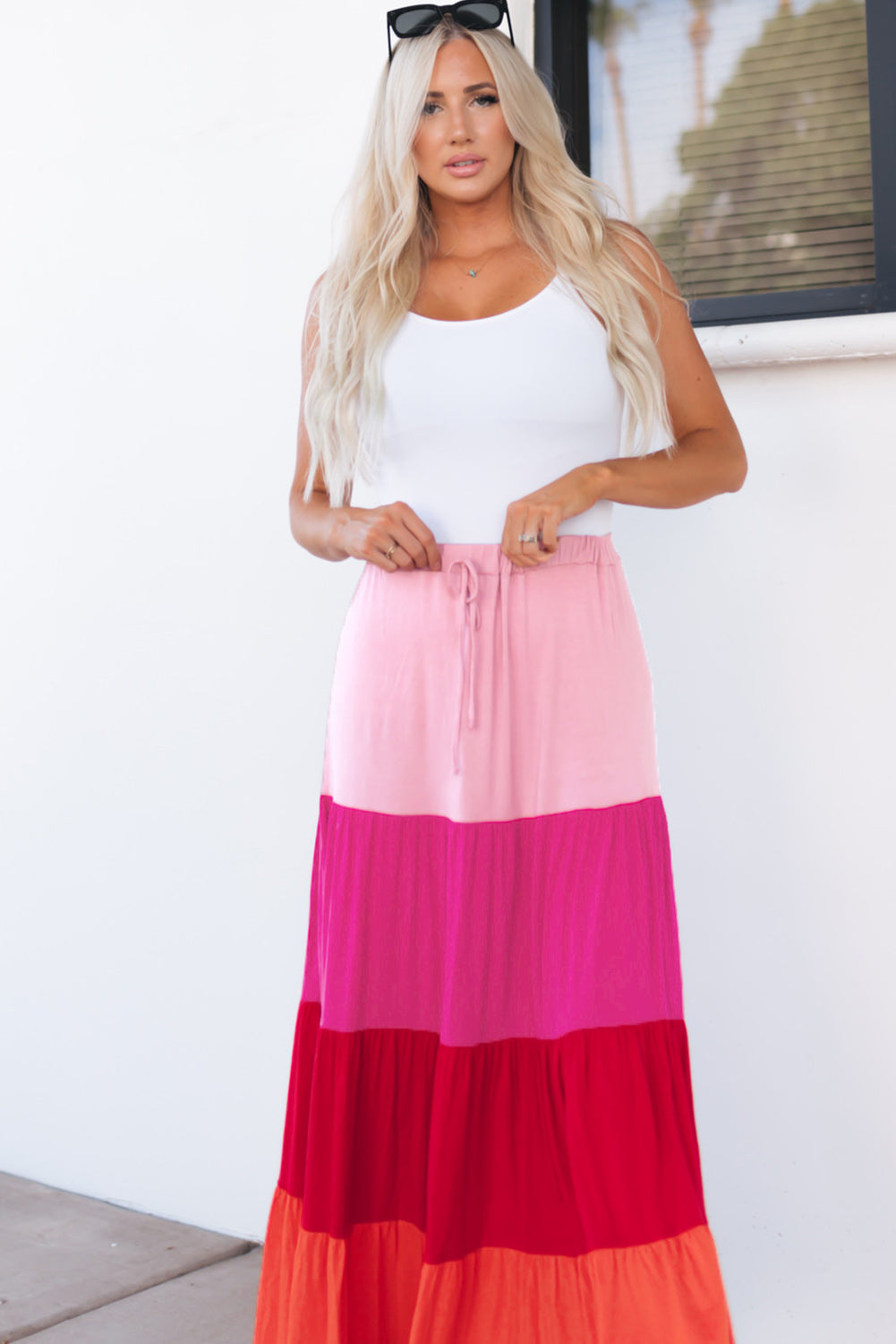 Color Block Tiered Drawstring High Waist Maxi Skirt