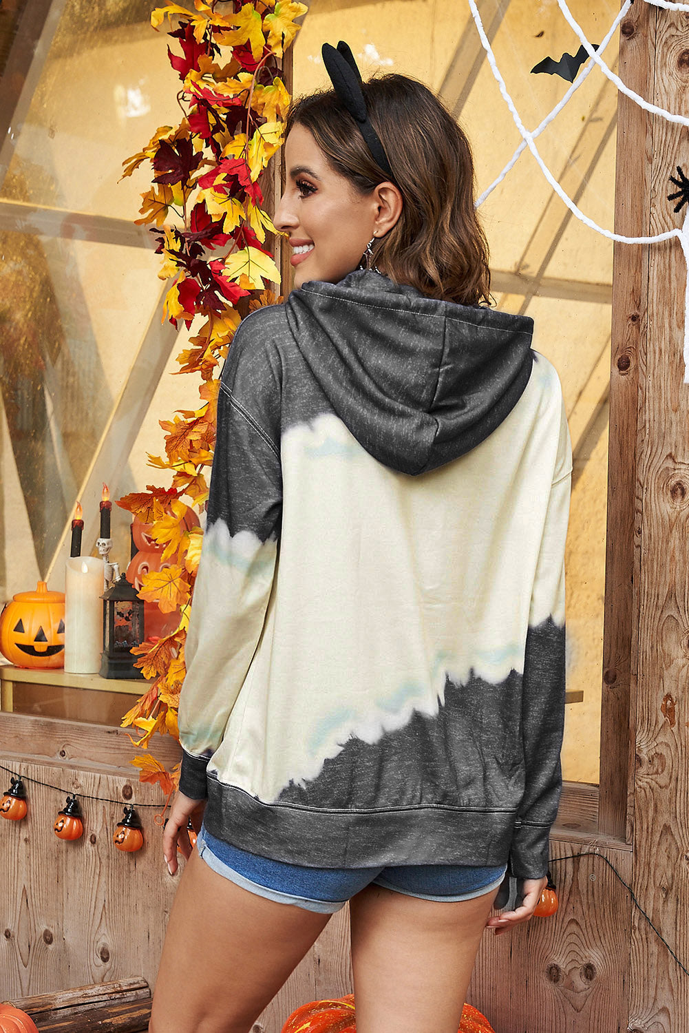 Gray Hooded Tie Dye Print Pocket Casual Sweatshirt