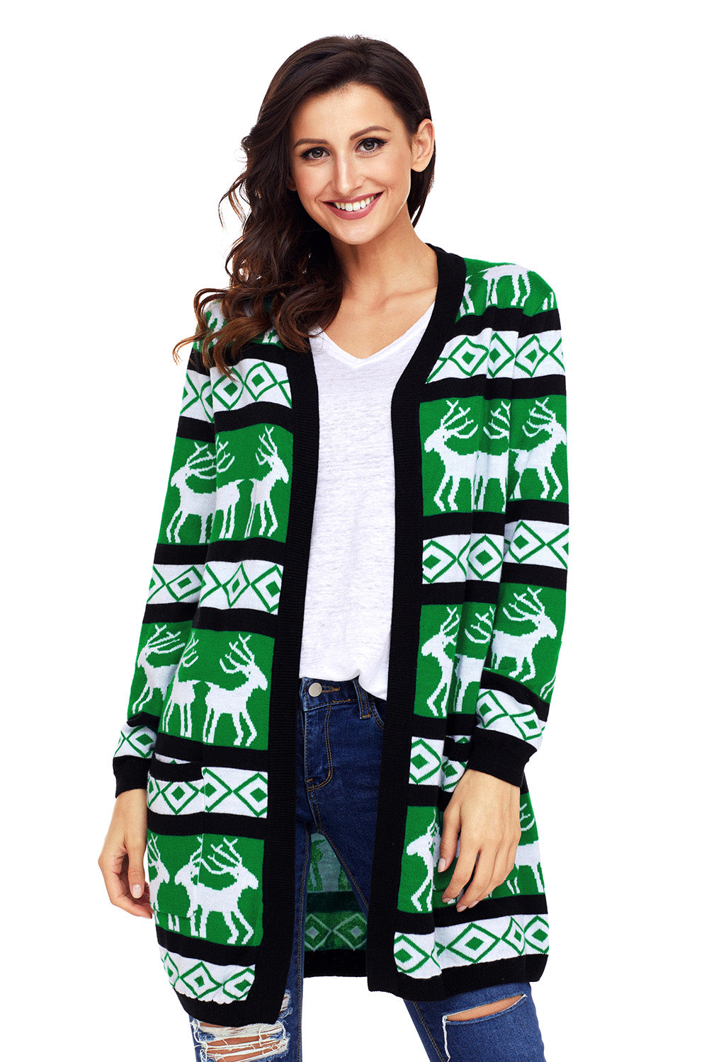 Green Reindeer Geometric Christmas Cardigan