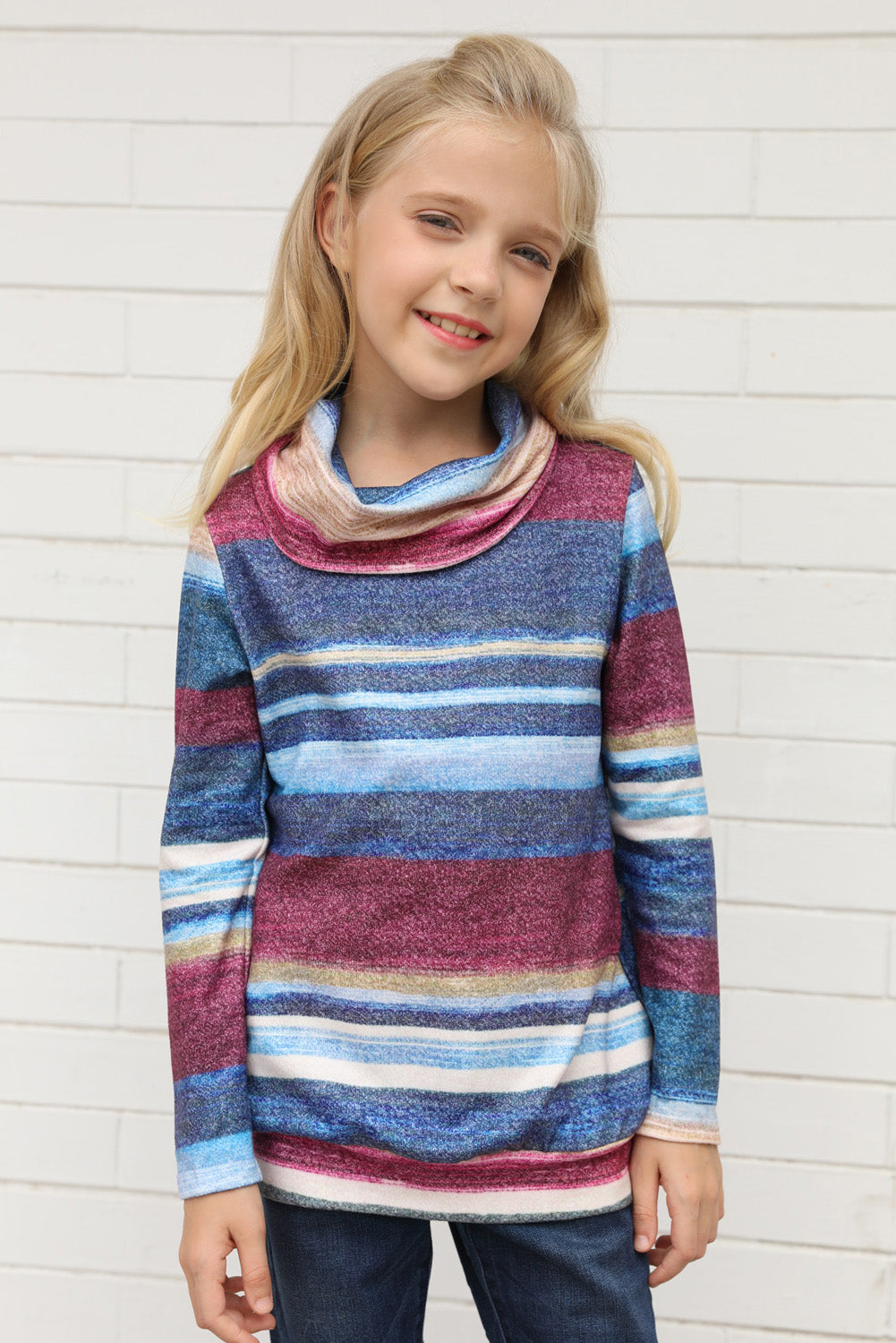 Multicolor Cowl Neck Girl's Striped Sweatshirt