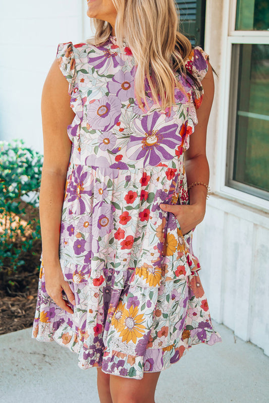 Purple White Ruffled Tank Floral Dress