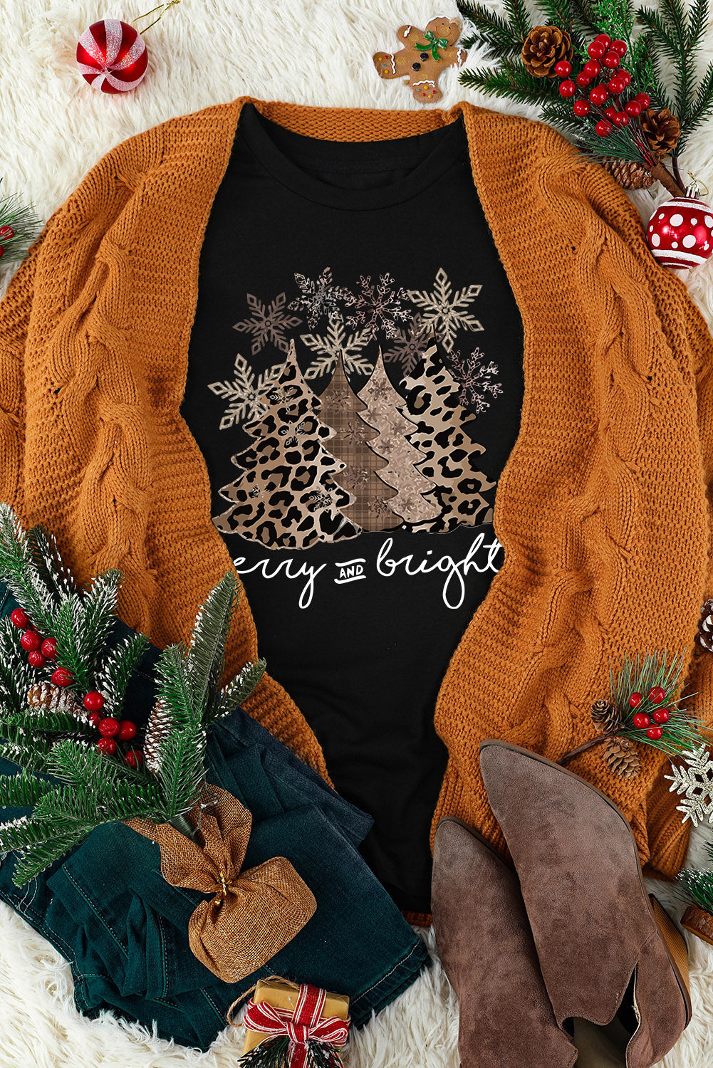 Leopard Christmas Tree Graphic Print Crew Neck T Shirt