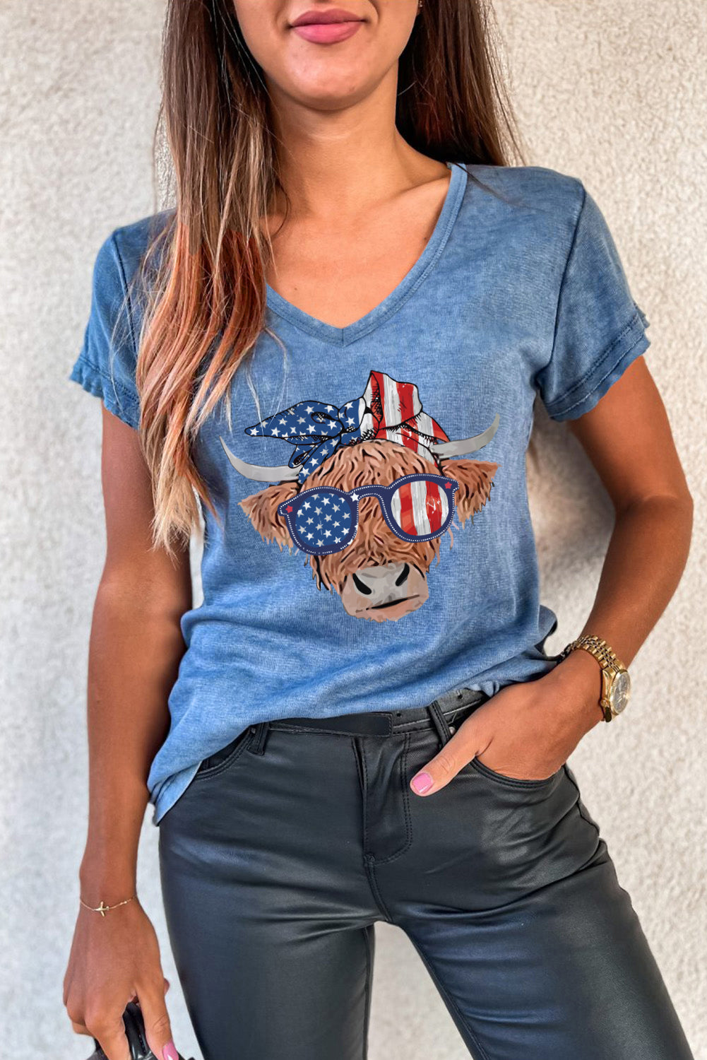 American Flag Cow Head Print V Neck Graphic T Shirt