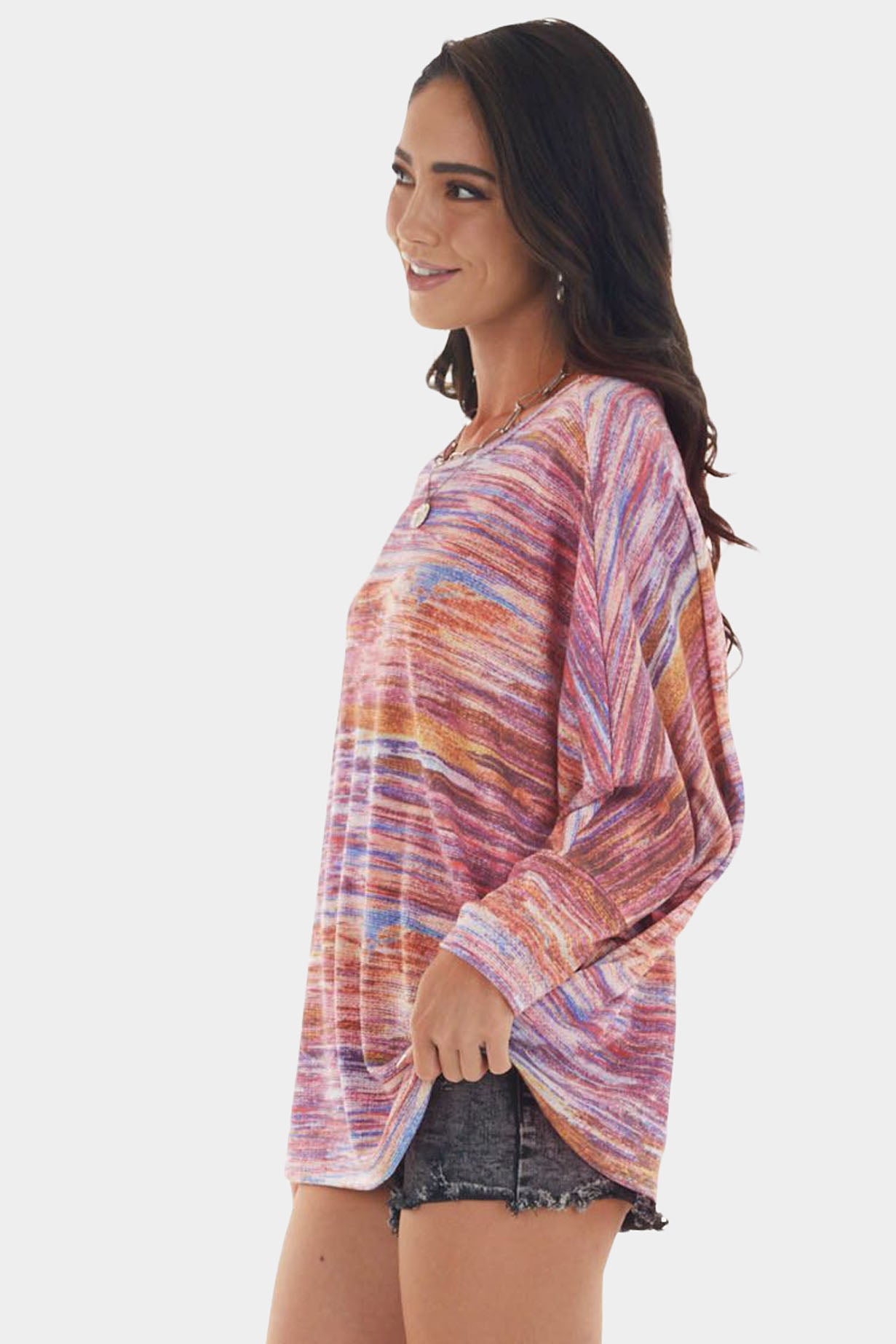 Multicolor Tie-dyed Boat Neck Dolman Sleeve Knit Top