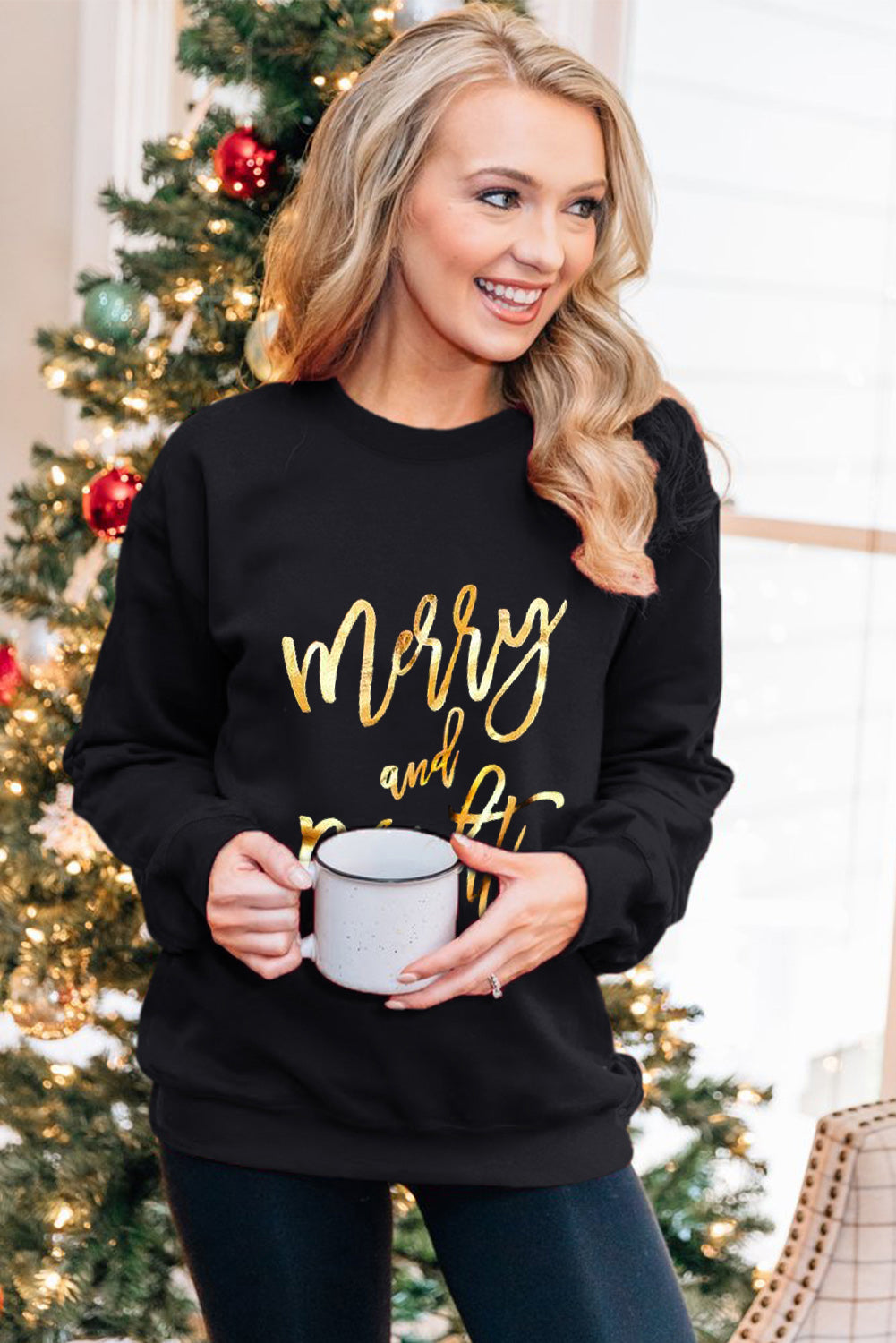 Merry & Bright Letter Print Pullover Sweatshirt