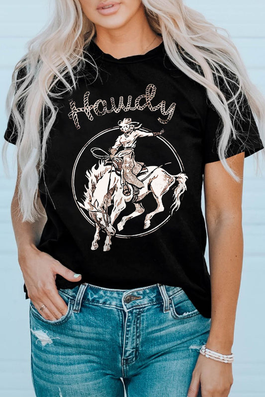 Howdy Western Cowboy Graphic Print Crewneck T Shirt