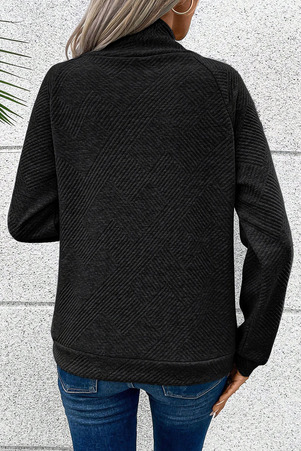 Gray Asymmetric Buttons Detail High Neck Textured Sweatshirt