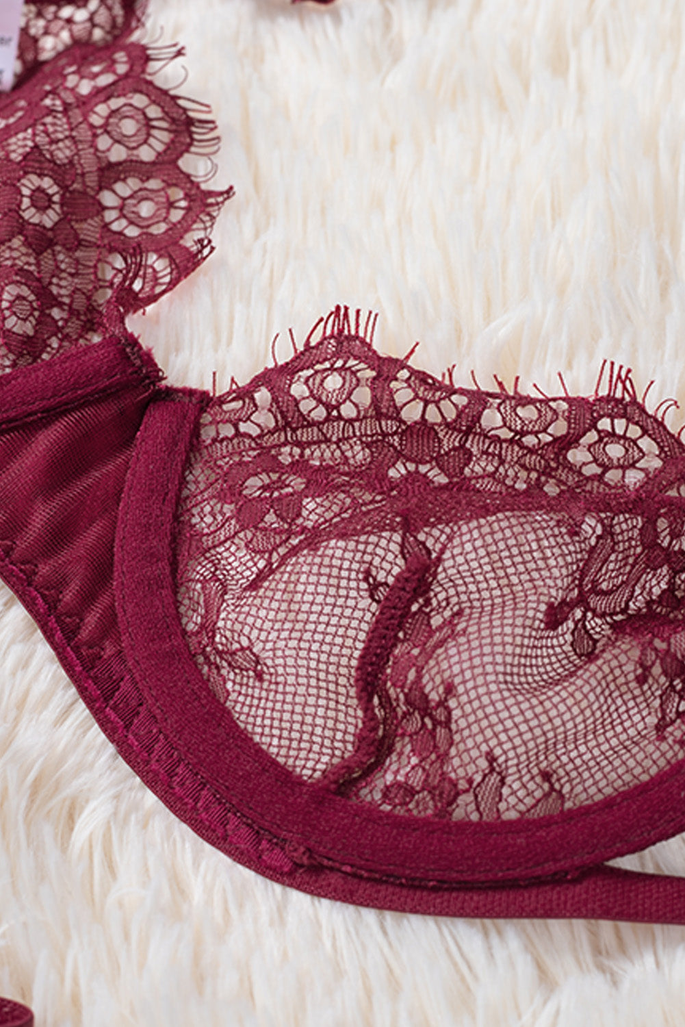 Red Strappy Velvet Patchwork Lace Bra and Panty Set