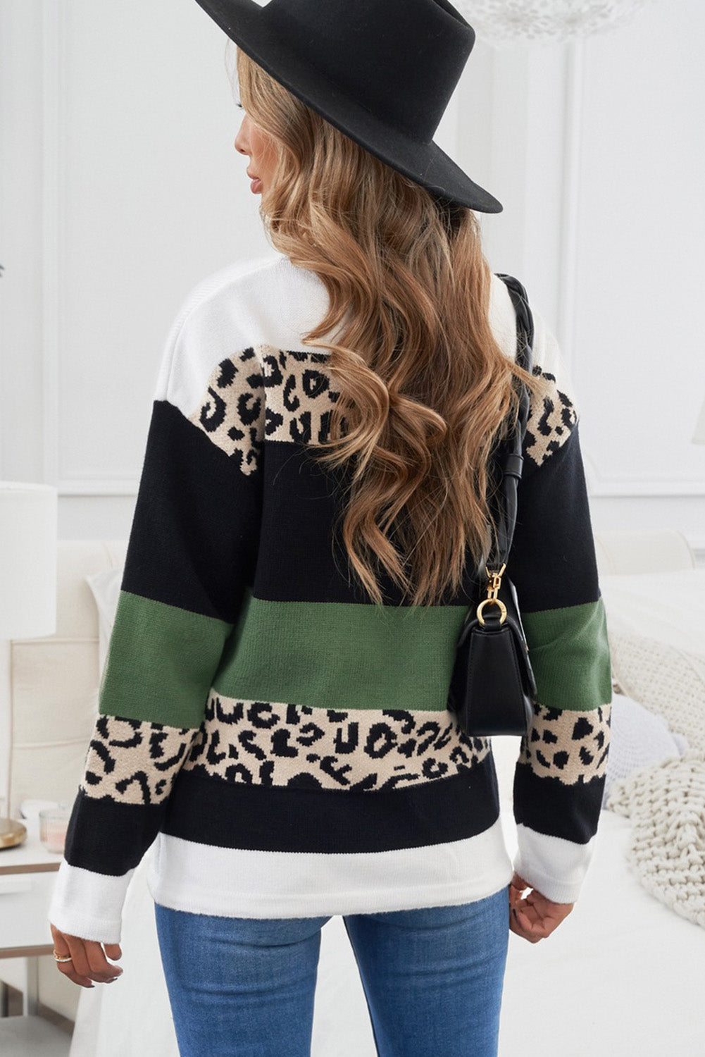 Green Crewneck Leopard Color Block Knit Pullover Sweater