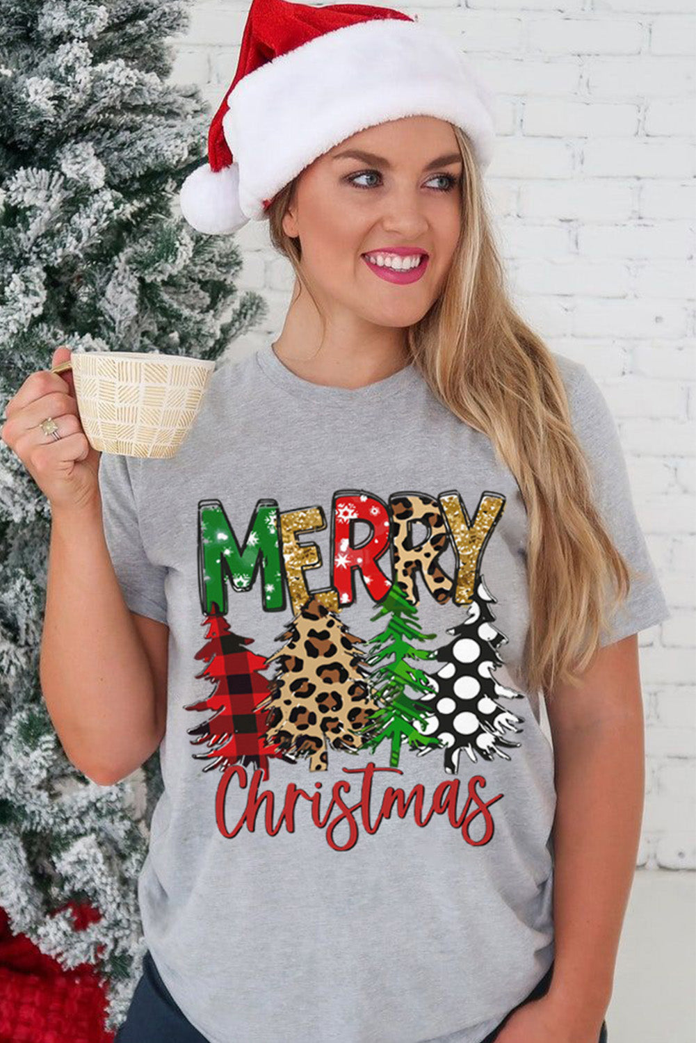 Merry Christmas Tree Pattern Print Crew Neck Graphic Tee