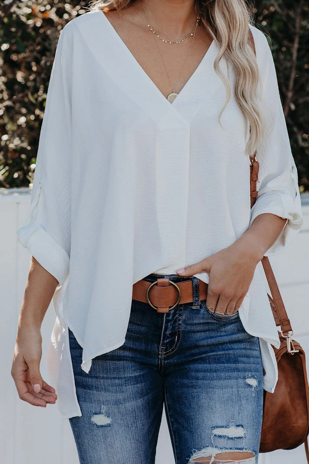 White V Neck 3/4 Sleeve High Low Hem Shirt