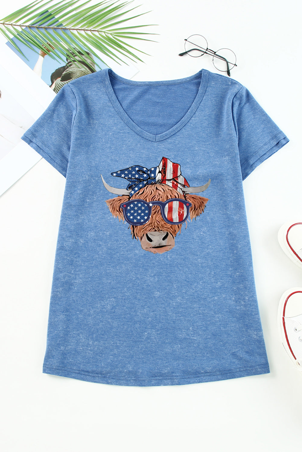 American Flag Cow Head Print V Neck Graphic T Shirt