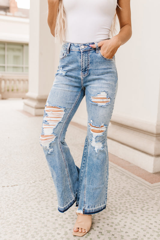 Light Wash Distressed High Rise Flare Jeans