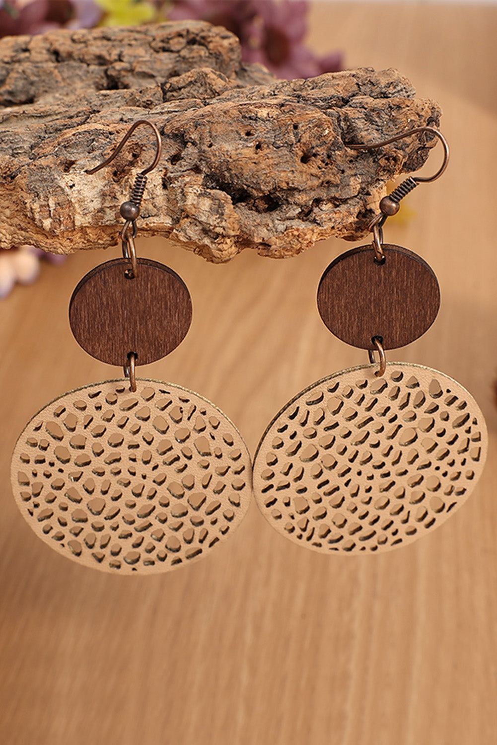 Khaki Hollow Out Wooden Round Drop Earrings