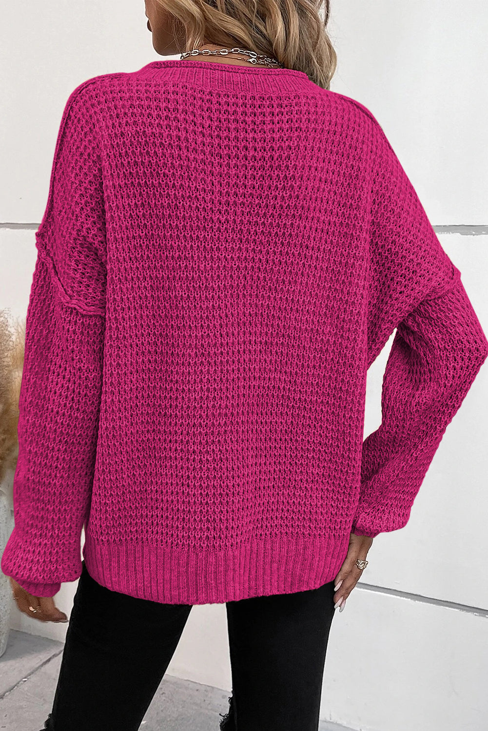 Rose Fiery Red Pointelle Knit Button V Neck Drop Shoulder Sweater