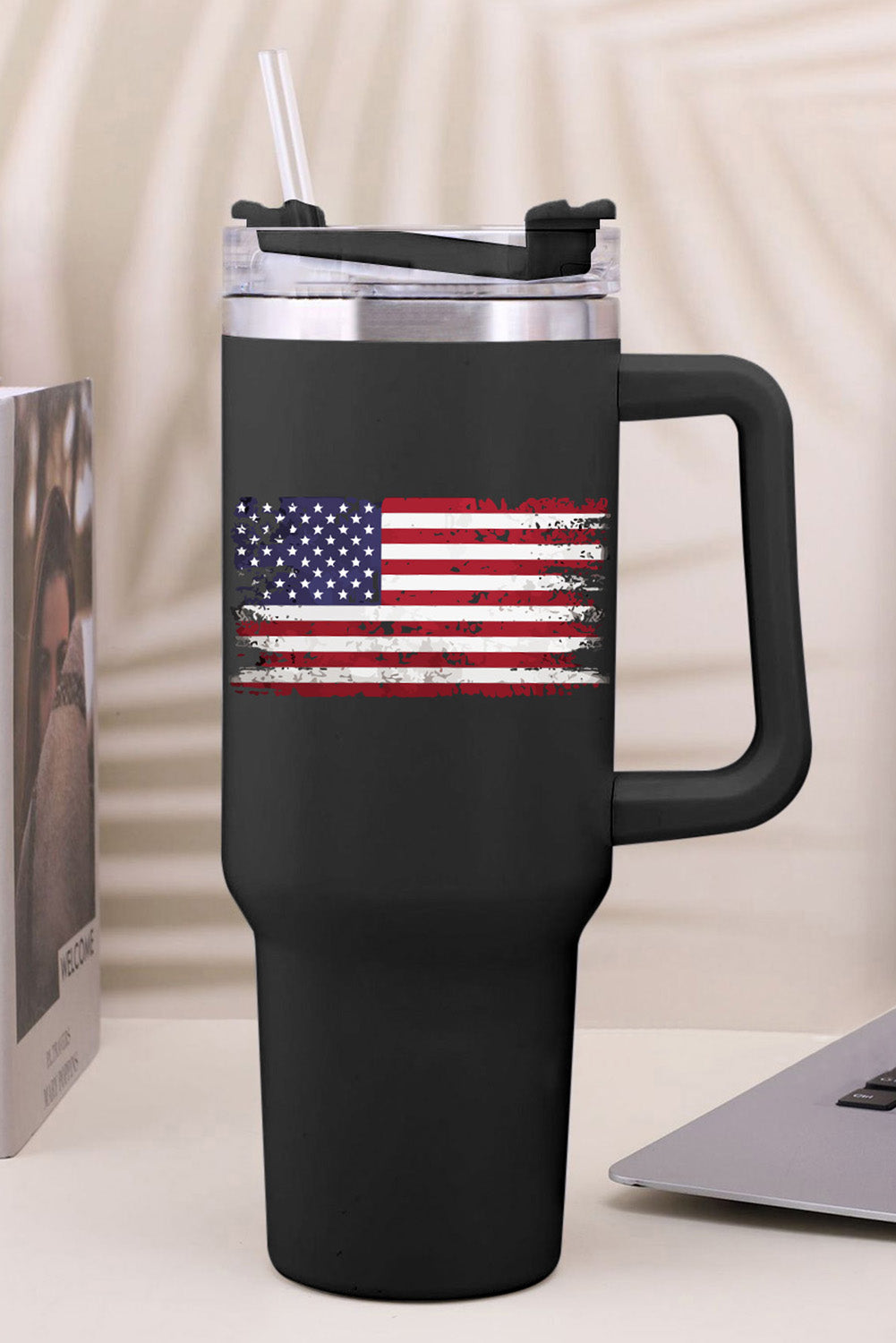 American Flag Print Straw Handle Insulate Cup 40oz