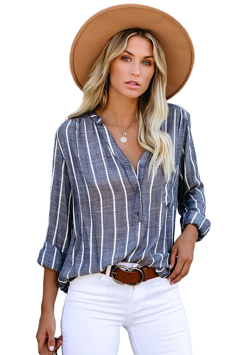 Multicolor Striped V Neck Pocket Long Sleeve Top