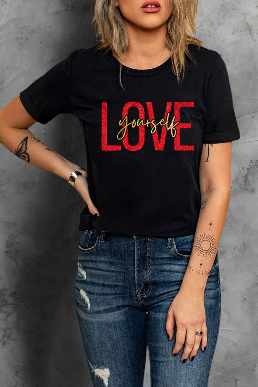 LOVE Yourself Glitter Pattern Print Short Sleeve T Shirt