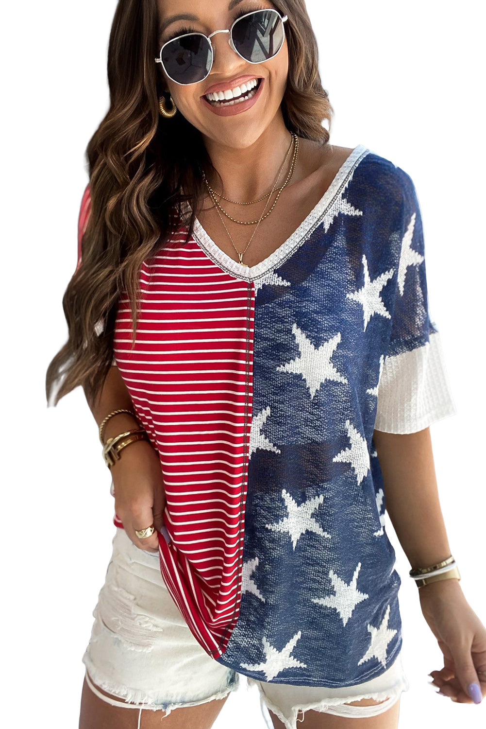 Blue Stripes Stars Print Knit Short Sleeves Top