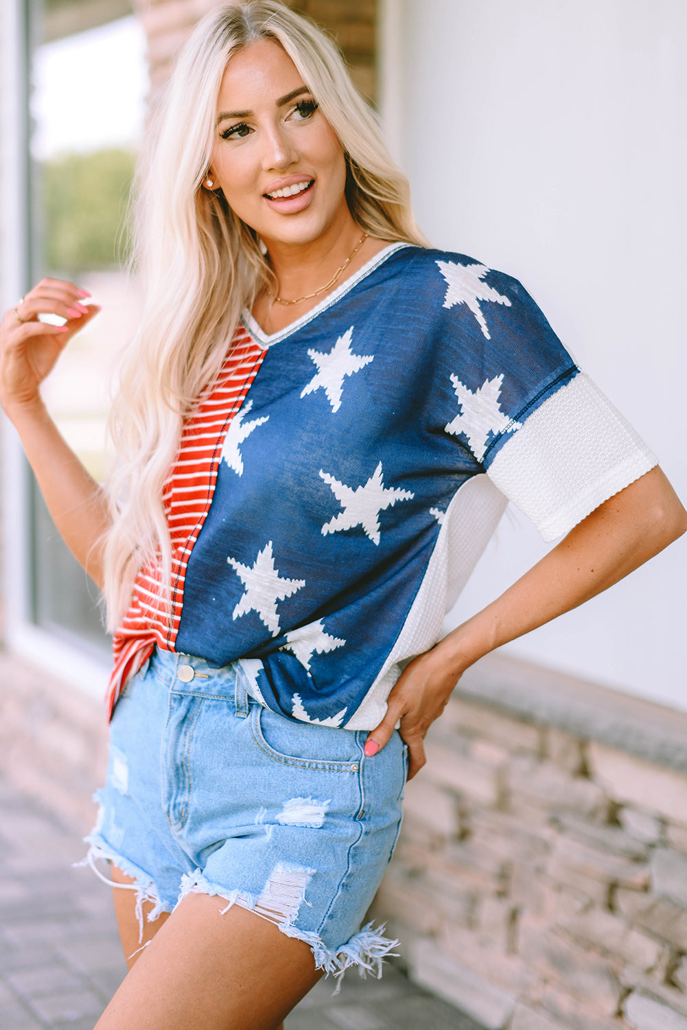 Blue Stripes Stars Print Knit Short Sleeves Top