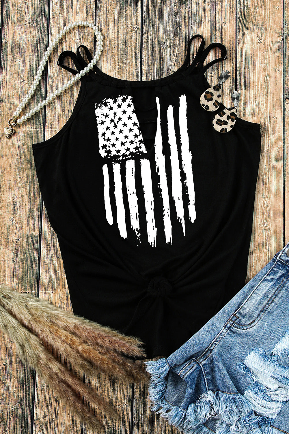 American Flag Print Cut Out Spaghetti Strap Tank Top