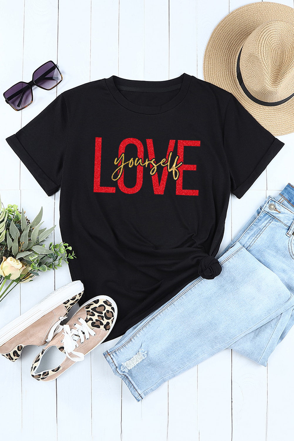 LOVE Yourself Glitter Pattern Print Short Sleeve T Shirt