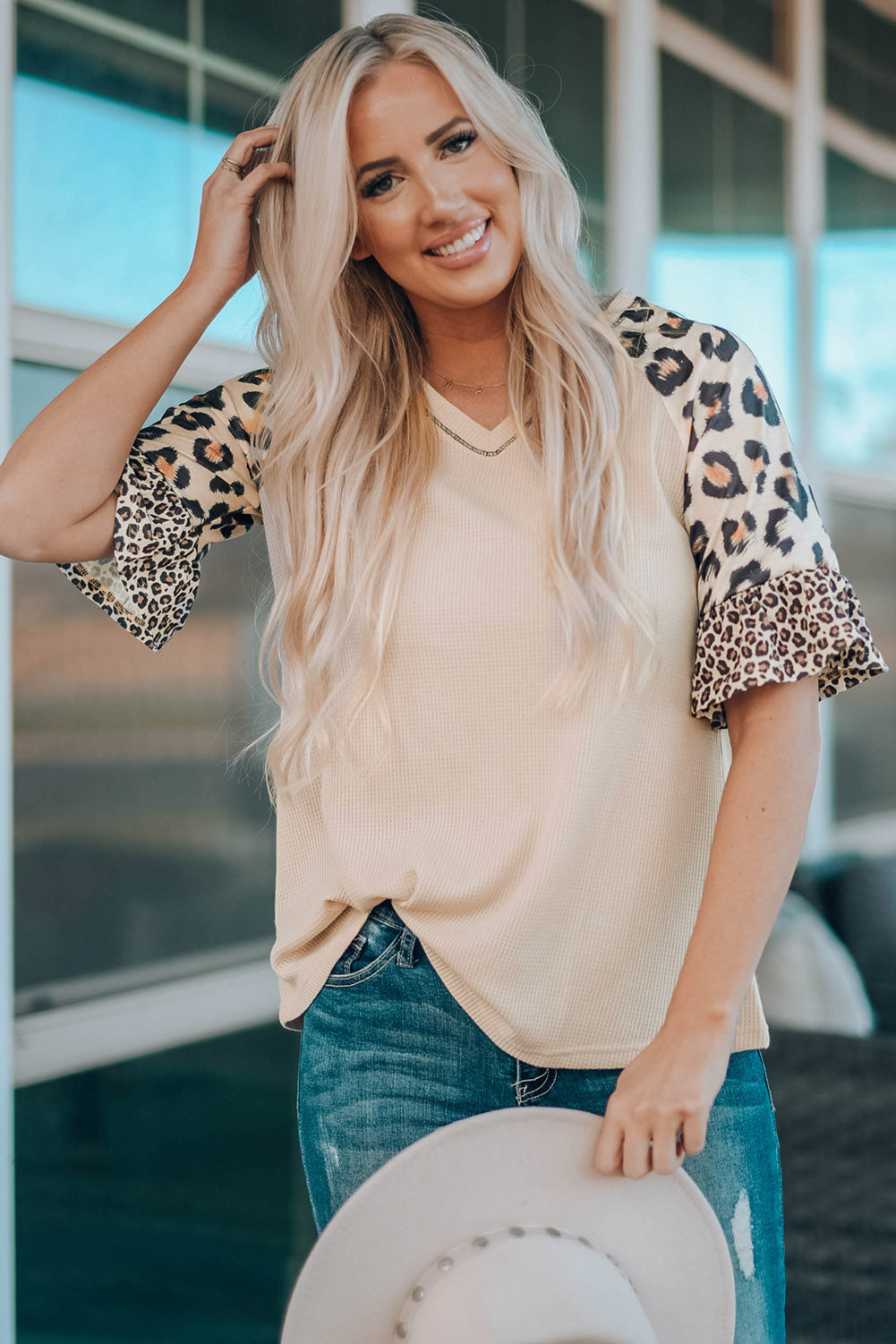 Mixed Leopard Ruffle Sleeve Waffle Knit Top