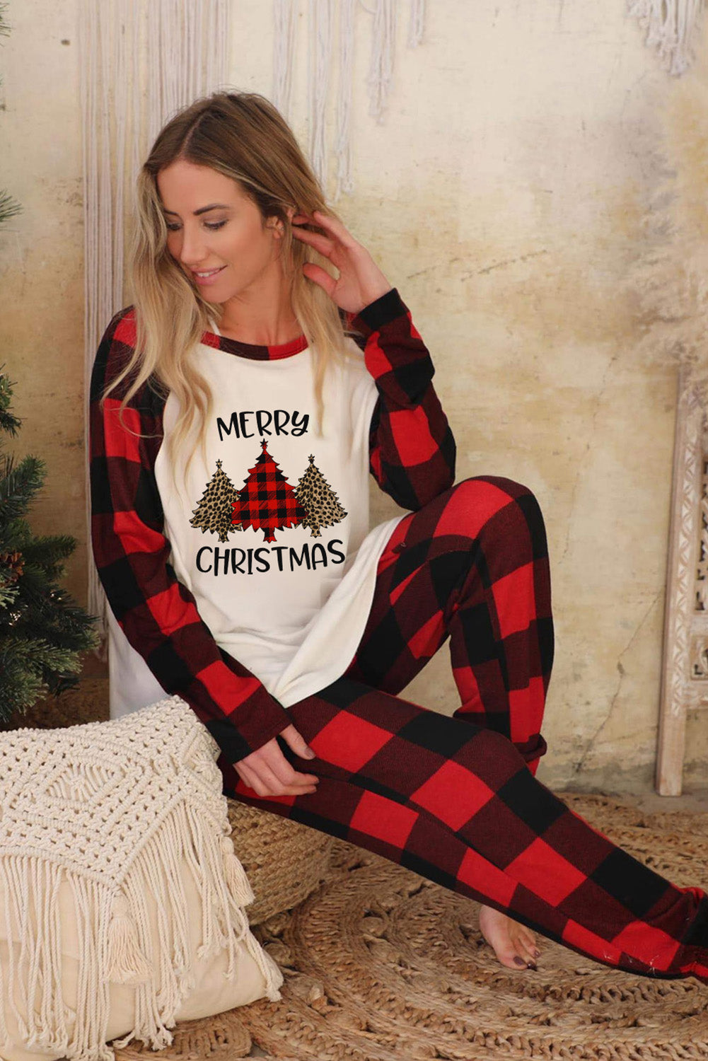 MERRY CHRISTMAS Trees Plaid Print Two Piece Lounge Set