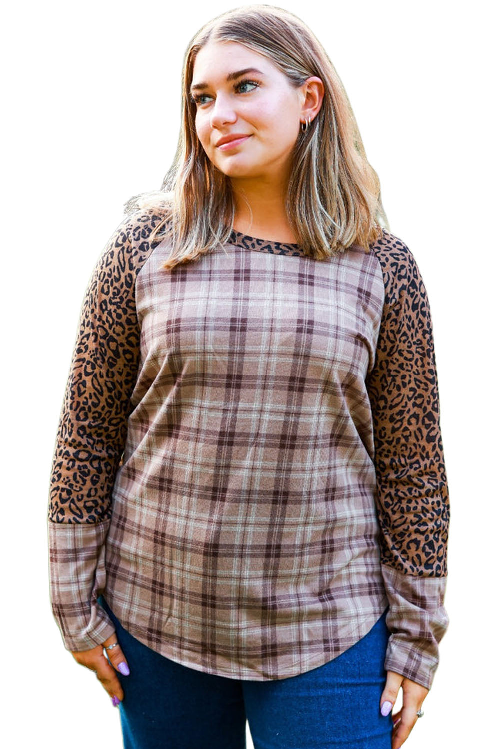 Chestnut Plus Size Leopard Raglan Sleeve Plaid Top