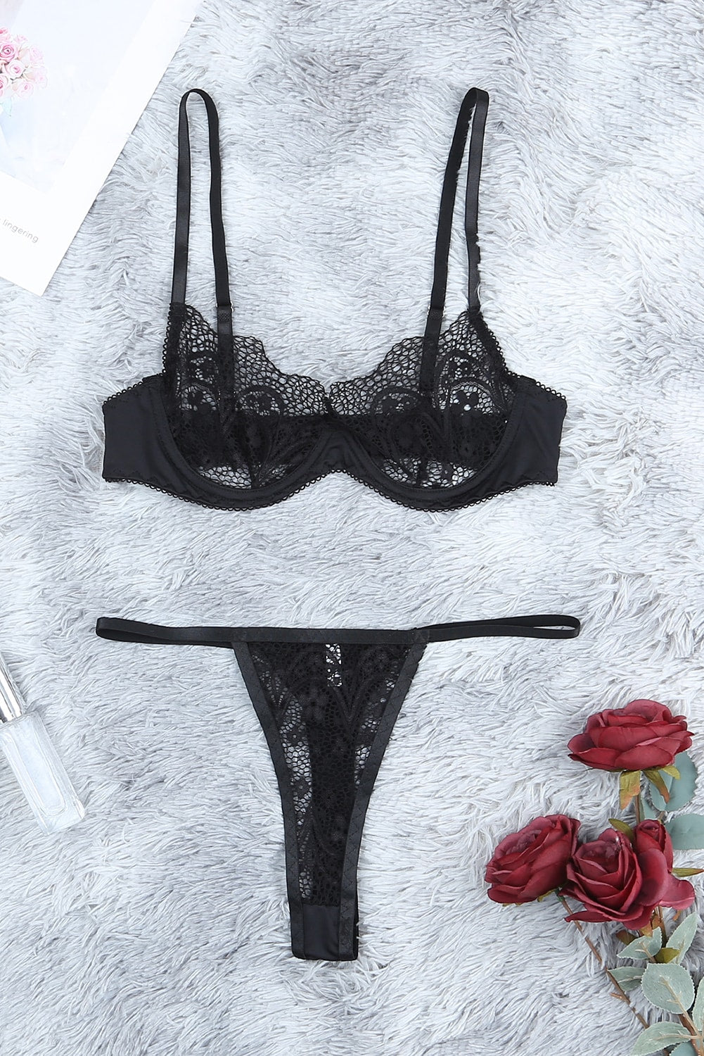 Black Sheer Lace Bra and Panty Set with Garter Belts