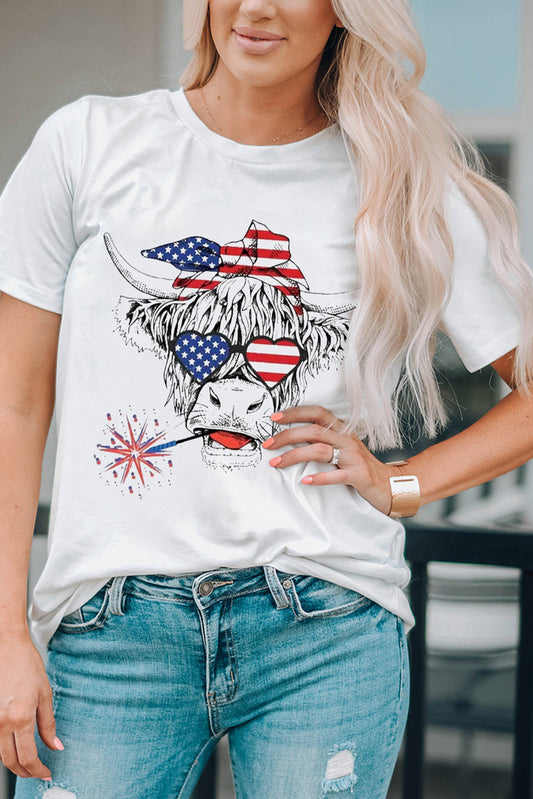 American Flag Cow Head Graphic Printed Short Sleeve T Shirt