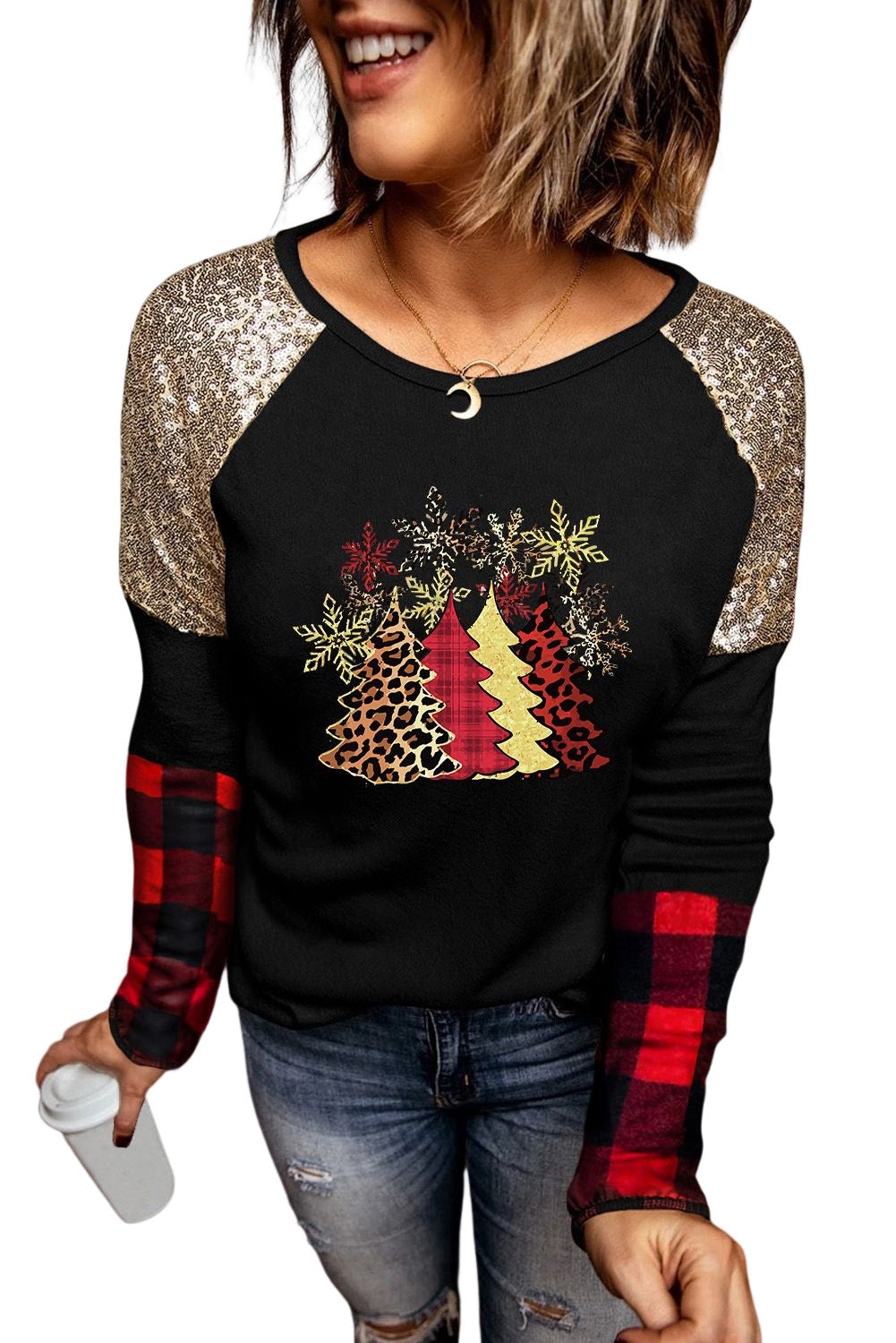 Christmas Tree Graphic Sequin Plaid Long Sleeve Top