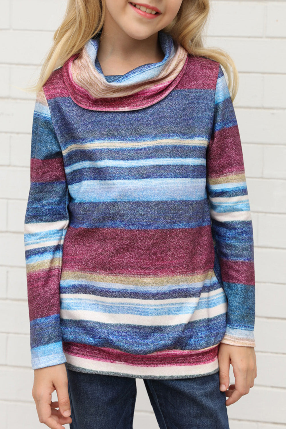 Multicolor Cowl Neck Girl's Striped Sweatshirt