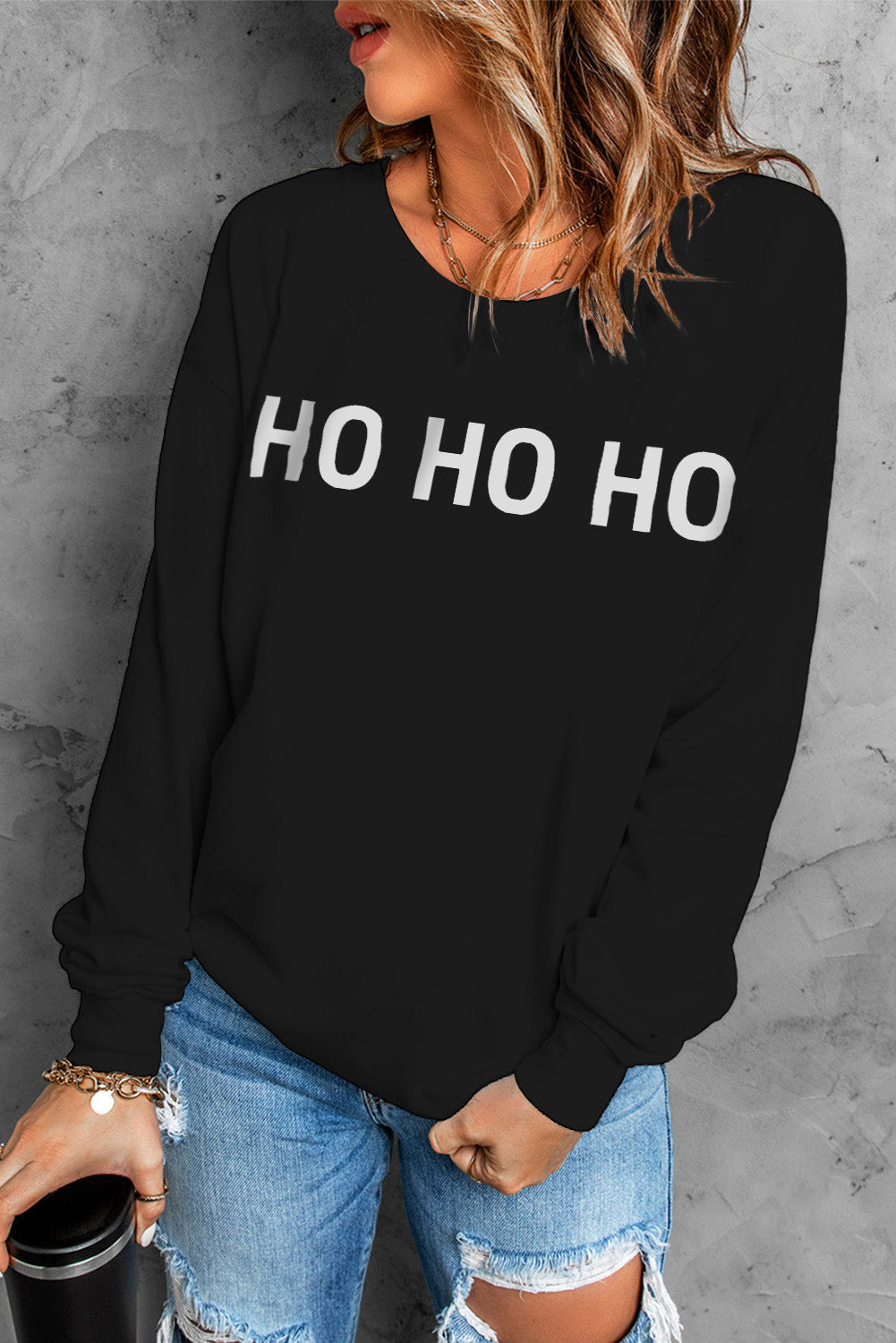 HO HO HO Glitter Print Long Sleeve Pullover Sweatshirt