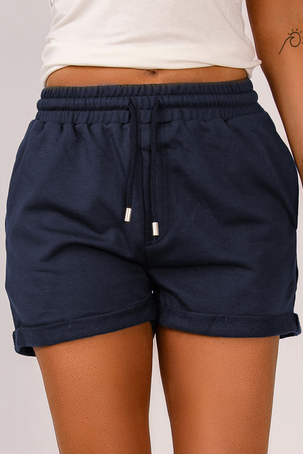 Blue Tie Waist Side Pockets Cuffed Lounge Shorts